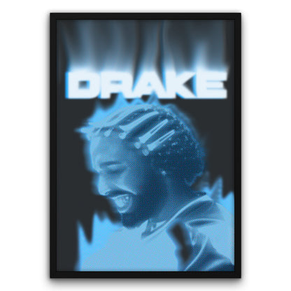 Plakat z wizerunkiem artysty Drake w niebieskich odcieniach, z napisem 'DRAKE' u góry