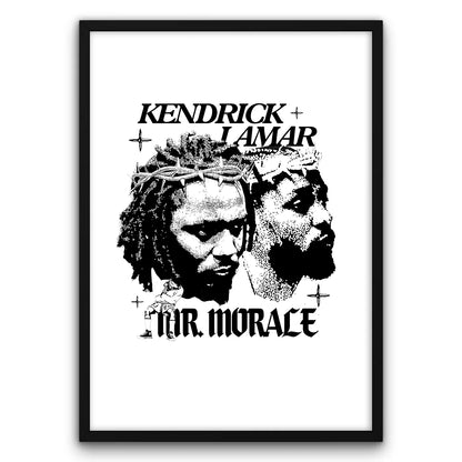 Plakat z czarno-białym portretem artysty, napisem "Kendrick Lamar" i "Mr. Morale".